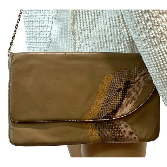 70s Tan Leather Snakeskin & Lizard Shoulder Bag Clutch Italy - Picture 1 of 12